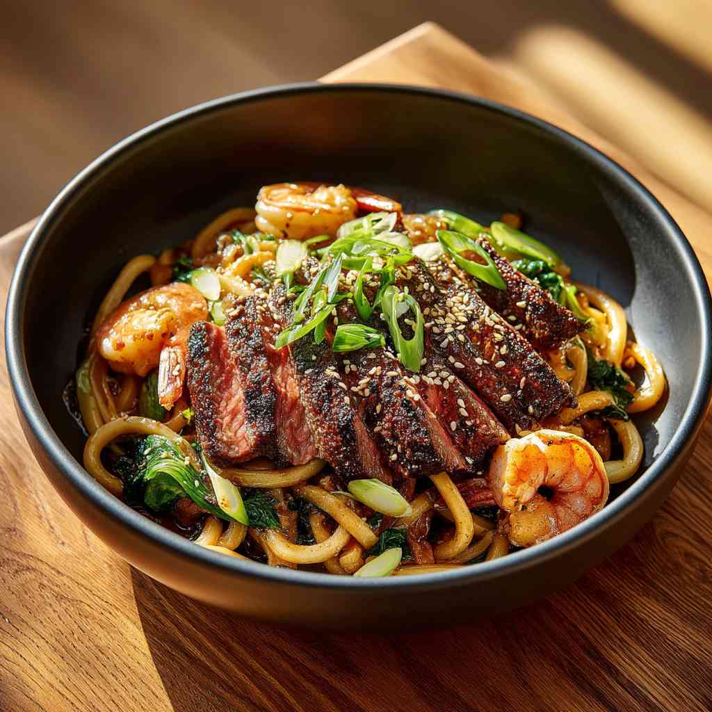 Steak and Shrimp Teriyaki Noodles variations